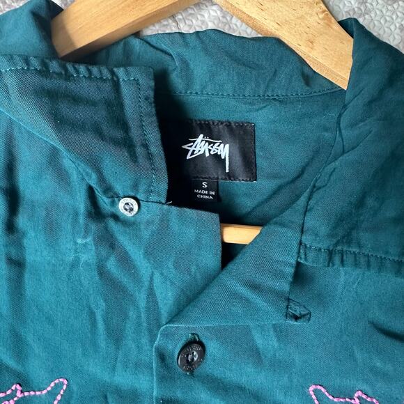 Stussy Japan Y2K Dragon Print Embroidered Button Down‎ Shirt Green Sz Mens Small - Picture 5 of 8